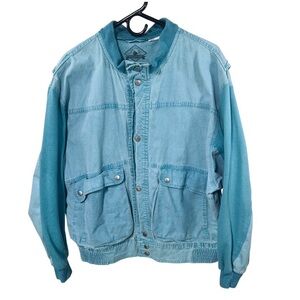 VINTAGE Trader Bay Bomber Men’s LARGE Teal Blue Snap Front Deep Pockets Jacket